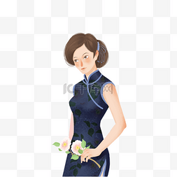 女人长发图片_女人长发蓝色无袖旗袍手拿花朵