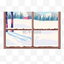 冬季窗户窗外积雪松树雪地