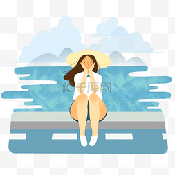 小清新女生帽子图片_坐在海边的女生