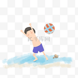 夏天沙滩玩耍的男孩手绘插画
