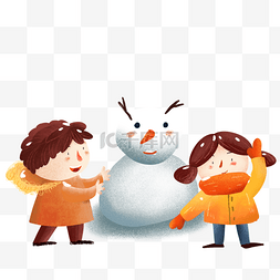 冬天堆雪人打雪仗图片_卡通男孩女孩在堆雪人