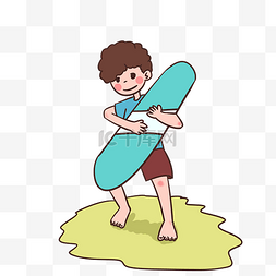 夏天抱着冲浪板的男孩