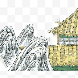 水墨风景彩色图片_故宫宫殿山石水墨PNG