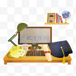 毕业季学生时代电脑书桌学士帽