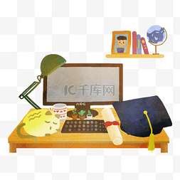 书桌电脑图片_毕业季学生时代电脑书桌学士帽