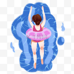 泳池蓝色图片_夏日泳池里带着游泳圈游泳的女生