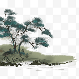 灰色水墨松树植物插画