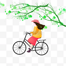 枝繁叶茂下骑单车的女孩