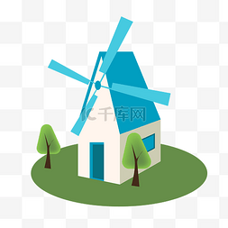房子树木风车图片_ 蓝色风车房屋 