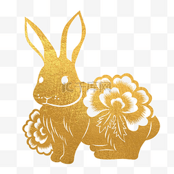 烫金金兔子图片_中秋节烫金剪纸牡丹兔子