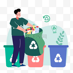 卡通绿色垃圾桶图片_手绘卡通垃圾回收插画