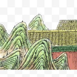 故宫风景素材图片_故宫红墙山石水墨国画