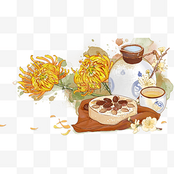 暖色重阳节插画图片_重阳节重阳糕酒酒壶菊花