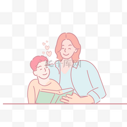 手绘母亲和儿童家庭阅读书插图