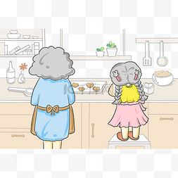 厨卫卡通背景图片_母亲节和妈妈一起做蛋糕小厨师卡