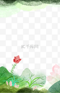 中国绿色山水图片_装饰边框荷花春天绿色植物绿色中
