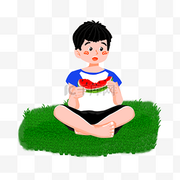 小孩盘腿吃西瓜