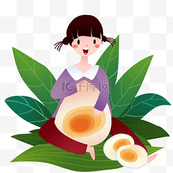 粽子绿叶图片_端午节蛋黄粽子和女孩插画