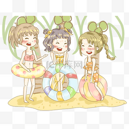 夏日海边背景图片_夏日海滩女孩度假游玩插画PNG