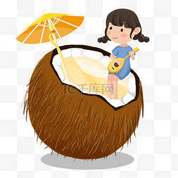 大暑坐在椰子上弹琴女孩素材