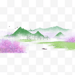 水墨花风景图片_绿岸应花水墨山水风景