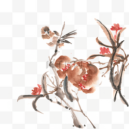 石榴树枝上的小鸟水墨画PNG免抠素
