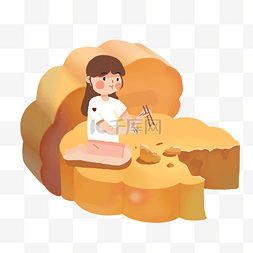 中秋女孩坐在月饼上吃月饼PNG