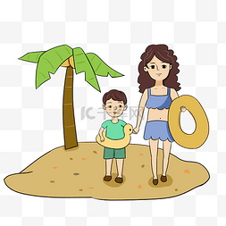 夏天暖色系妈妈带着儿子沙滩玩耍