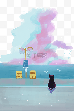 治愈唯美冷色调小猫等待海边