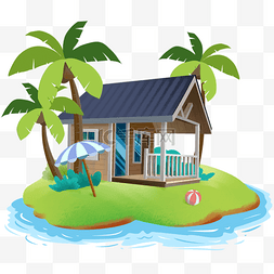 椰子树夏日图片_手绘海岛木房子度假