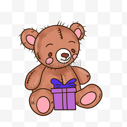 包装国潮风图片_手绘卡通礼物盒棕色泰迪熊插画
