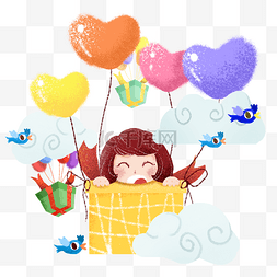 卡通儿童节图片_载着小女孩的礼物热气球