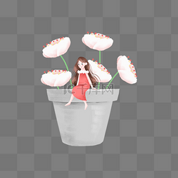 白色花朵简约图片_坐在花盆上的红衣女孩
