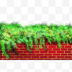 春天手绘仿真绿叶红墙