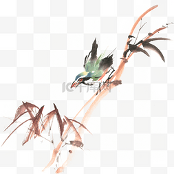 竹枝上的小鸟水墨画PNG免抠素材