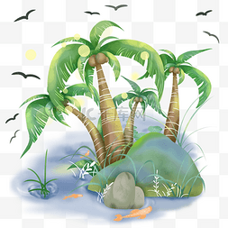 海鸥装饰手绘图片_夏日椰树林