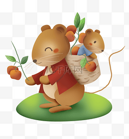 可爱水果小元素图片_母亲节摘苹果的田鼠母子