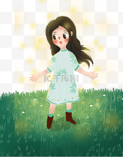 草地上的小女孩与萤火虫