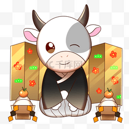 恭贺新春节图片_跪拜恭贺日本新年穿着和服的牛