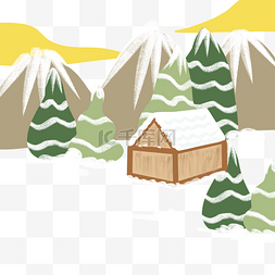 小木屋图片_冬天小木屋和树木