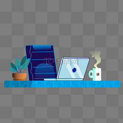 办公桌电脑图片_矢量扁平商务办公桌电脑盆栽咖啡
