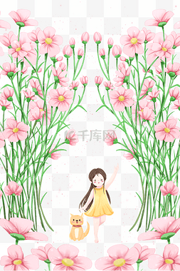 粉色花朵与女孩图片_春分春天景色女孩与花