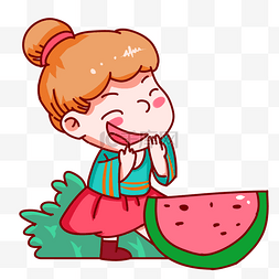 夏天的小女孩吃西瓜手绘插画