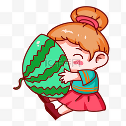 开心大小男孩图片_夏季吃大西瓜的女孩手绘插画