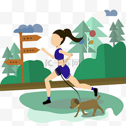 卡通动物手绘插画图片_春日带着小狗跑步锻炼