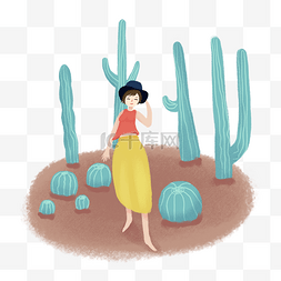 少女在长满仙人掌的沙漠里自拍