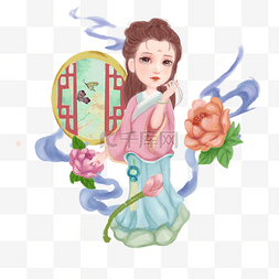 蓝色古风花图片_中国风系列美女观花