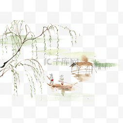 国画小船图片_湖畔春色水彩画