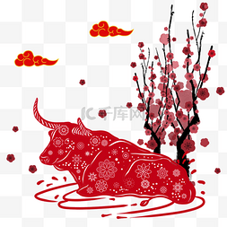 春节拜年剪纸图片_红色牛水波纹剪纸祥云