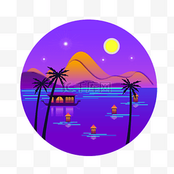 沙滩海景椰树图片_扁平仲夏之夜椰风海韵沙滩